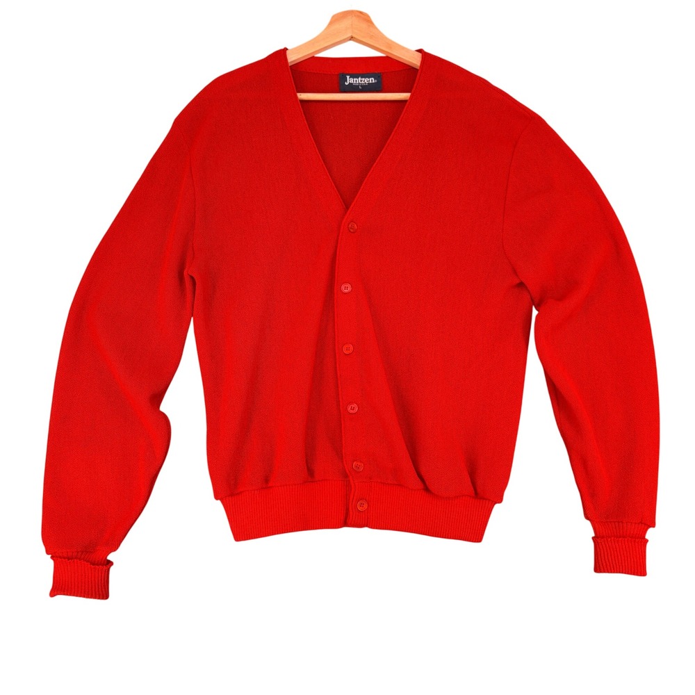 Vintage Jantzen Red V-Neck Cardigan Sweater Men Large Made in USA Knit Button Up